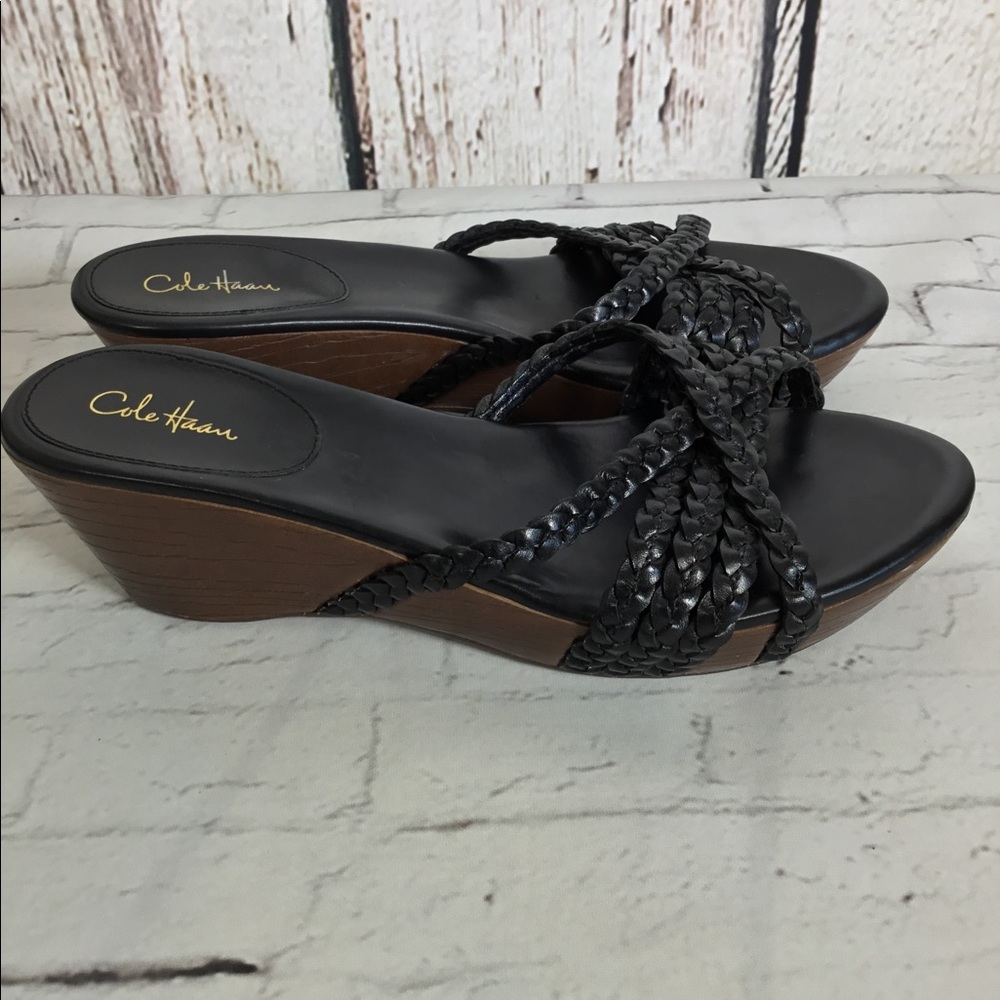 Cole Haan Braided Black Leather Wedge Sandals EUC 8.5 NARROW - Picture 3 of 11
